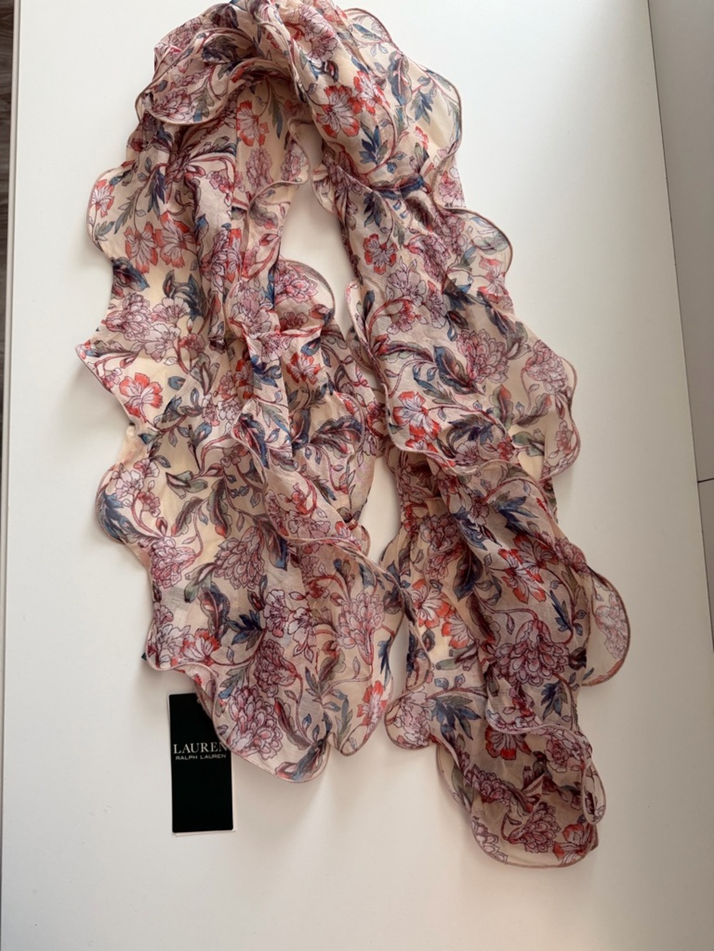 Lauren Ralph Lauren Floral Ruffle Silk Scarf - Blush, Navy, Coral